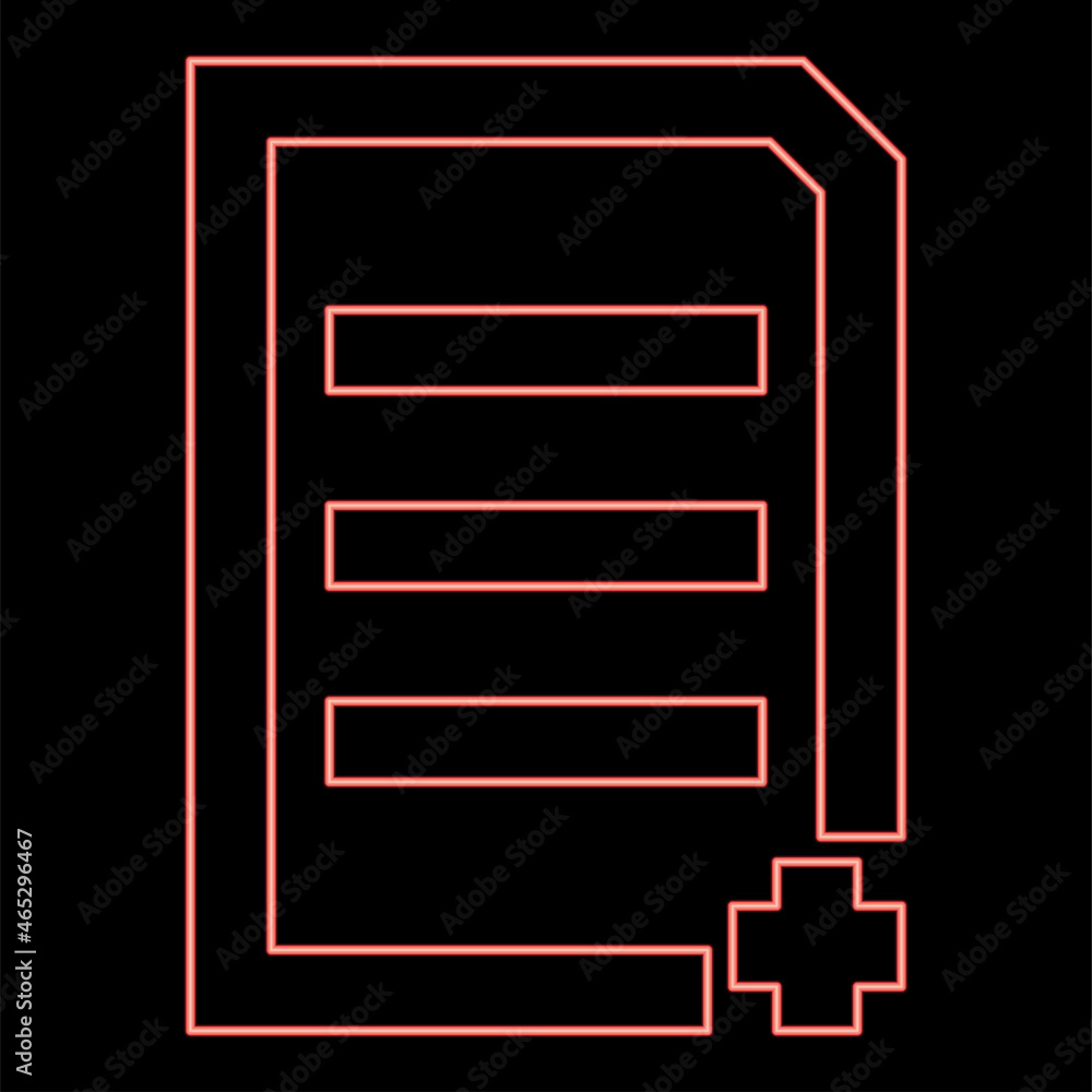 Neon document sheet add red color vector illustration flat style image