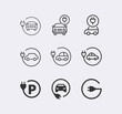 © Oksana_Latysheva - Electric car icon set. Electrical automobile cable contour and plug charging black symbol. Eco friendly electro auto vehicle concept. Vector electricity illustration