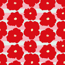 Vector Red Oversized Florals Pattern Design, Inspired By Marimekko. Bold Florals On Stripes Background. Perfect For Fashion, Textiles, Wallpaper, Stationary, Scrapbooking, Product Packaging And Gift