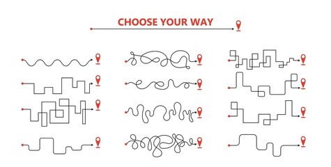 Set of difficult and easy simple way process from start to end. Vector card illustration with path to success outline art concept. The road from point a to point b. Right and wrong way with messy line