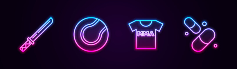 Canvas Print - Set line Japanese katana, Tennis ball, T-shirt with fight club MMA and Vitamin pill. Glowing neon icon. Vector