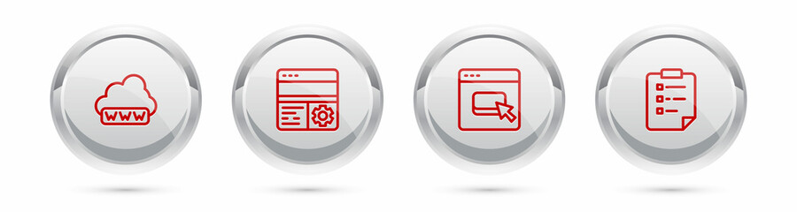Set line Web development, Debugging, Browser files and Clipboard with checklist. Silver circle button. Vector