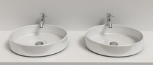 Sink Basins And Faucets, Bathroom Interior. Chrome Mixer Taps And White Washbasins. 3d Illustration