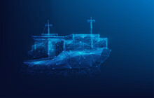 Logistic Cargo Ship Low Poly Wireframe. Digital Business Worldwide Shipping Concept. Technology Business Transport. Isolated On Blue Dark Background. Vector Illustration Futuristic Style.