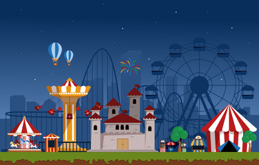 Wall Mural - Night Amusement Park Fun Fair Carnival Flat Vector Illustration