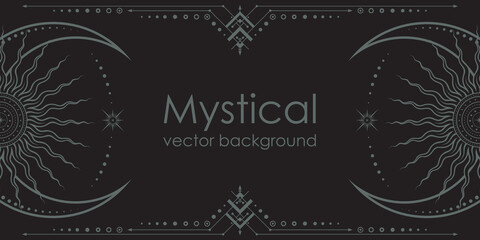Wall Mural - dark boho background with a copy space. mystical poster with an ornate geometric frame, outline cres