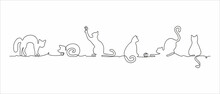 Vector Silhouette Drawing Of Cats On One Continuous, сan Be Repeted. White Background. Design For Pet Shop, Veterinary Clinic Or Kindergarten. Use For Frame Or Border.