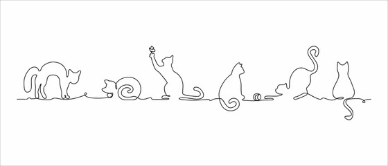 Naklejka na meble Vector silhouette drawing of cats on one continuous, сan be repeted. White background. Design for pet shop, veterinary clinic or kindergarten. Use for frame or border.