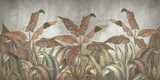 Fototapeta Boho - Tropical leaves on a gray background. Photo wallpaper with leaves. Fresco for the interior. Wall decor in grunge style. Painted leaves. Photo wallpapers 3d.