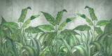 Fototapeta Boho - Tropical leaves on a gray background. Photo wallpaper with leaves. Fresco for the interior. Wall decor in grunge style. Painted green leaves. Photo wallpapers 3d.