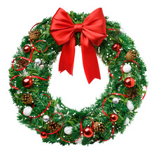 Christmas Wreath, Red Ribbon Bow, Isolated On White Background, Clipping Path