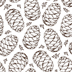 Wall Mural - Cedar cone seamless pattern, vector hand-drawn background