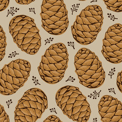 Wall Mural - Cedar cone seamless pattern, vector hand-drawn background