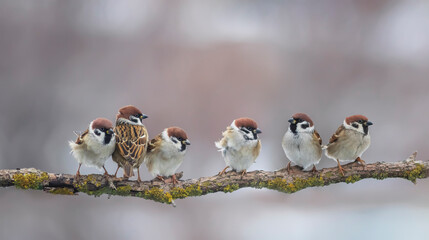 Wall Mural - group of funny birds sparrows sitting on a branch in the park