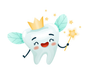 Poster - Cute tooth fairy character with magic wand. Oral care, mouth hygiene, teeth restoration concept cartoon vector illustration