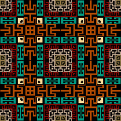 Poster - Colorful tribal ethnic seamless pattern. Vector plaid tartan background. Greek key, meanders. Square frames, borders, symbols, shapes, mazes. Abstract geometric traditional ornaments. Endless texture