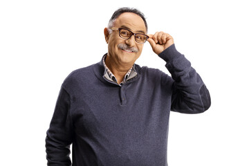 Poster - Mature casual male smiling and holding his glasses