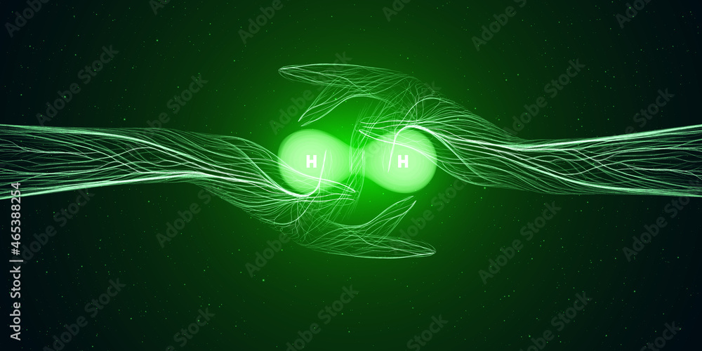 Concept of green hydrogen energy, Molecule of H2 in hands shine on a ...
