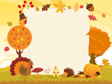 Fototapeta Dinusie - Autumn Frame With Pumpkin,Animals and Leaves