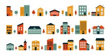 Abstract House Big Set. Flat Colored City Buildings, House Exterior Neighborhood Icons. Vector Isolated Illustration