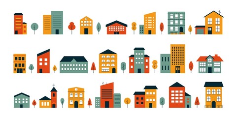 Abstract house big set. Flat colored city buildings, house exterior neighborhood icons. Vector isolated illustration