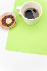 Sticker - cherry jam pastry and black hot coffee cup on a white green background