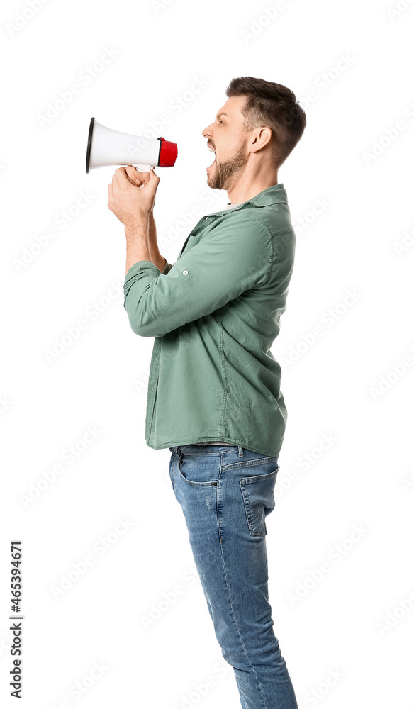 Protesting man with megaphone on white background