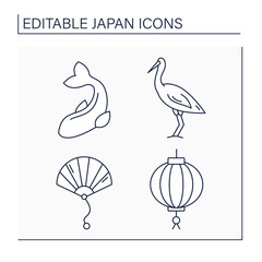 Wall Mural - Japan line icons set. Japanese traditions. Carp, hand fun, crane bird, lantern. Culture concept. Isolated vector illustrations.Editable stroke