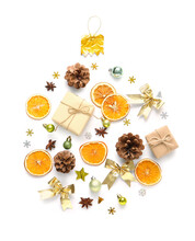 Christmas Ball Made Of Decorations, Gift Boxes, Dried Orange Slices And Pine Cones On White Background