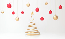 Christmas Spiral Tree And With Balls Christmas On White Studio Background.