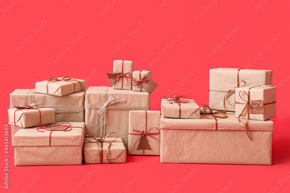 Many gift boxes on color background