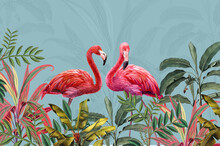 Tropical Leaf Mural. Photo Wallpaper. Wall Art Decor For Bedroom Murals Wall Paper. Drawing With Tropical Leaves And Pink Flamingos.