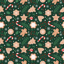 Gingerbread Seamless Pattern. Festive Background With Cookies, Candies, Leaves And Berries.