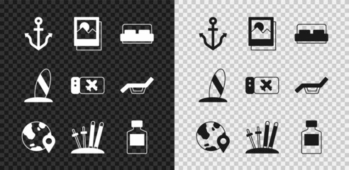 Poster - Set Anchor, Photo, Hotel room bed, Location on the globe, Ski and sticks, Whiskey bottle, Surfboard and Airline ticket icon. Vector