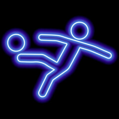 Neon blue outline of a soccer player who hits the ball on black background