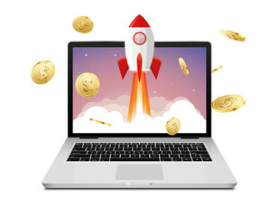 Wall Mural - Vector rocket launch website computer concept illustration. Business start rocket launch