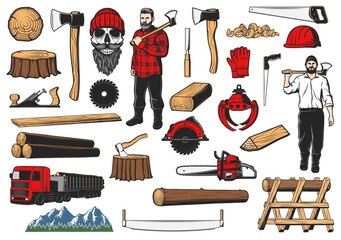 Canvas Print - Woodworking, logging and forestry industry tools. Vector lumberjack skull, carpenter with ax, circular, hand and chain saw, truck with logs, wood chunk and tree stump, mountains logging machine claws