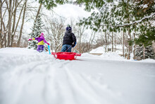 Young Children Pulling A Sled Outdoors During Winter