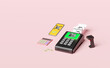 © sirawut - payment machine,pos terminal, electronic bill payment with barcode ,mobile phone,smartphone,qr code scanning isolated on pink background.cashless payment concept,3d illustration,3d render