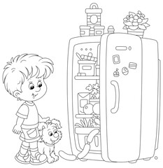 Wall Mural - Little boy and his merry puppy looking curiously into a home fridge with foods and going to filch something tasty, black and white outline vector cartoon illustration for a coloring book page