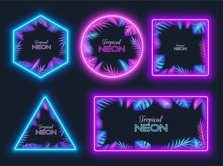 Tropic frame set with palm, monstera leaves. Jungle borders, neon light design vector illustration.