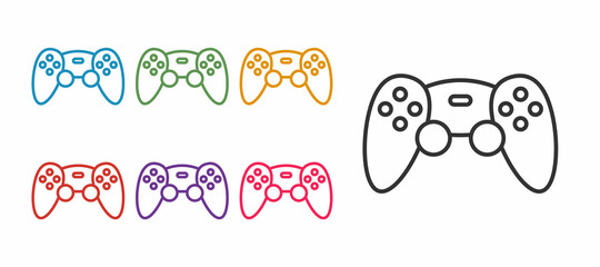 Set line Game controller or joystick for game console icon isolated on white background. Set icons colorful. Vector