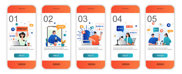 Aufkleber - Podcast streaming concept onboarding screens for mobile app templates. Presenters record podcasts. Modern UI, UX, GUI screens user interface kit with people scenes for web design. Vector illustration