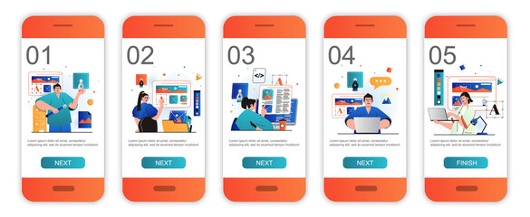 Web design concept onboarding screens for mobile app templates. Developers create page layout. Modern UI, UX, GUI screens user interface kit with people scenes for web design. Vector illustration