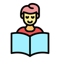 Sticker - Schoolboy reading a book icon. Outline schoolboy reading a book vector icon color flat isolated