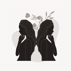 Wall Mural - Bohemian minimal flat woman vector illustrations with floral elements and abstract shapes. 
