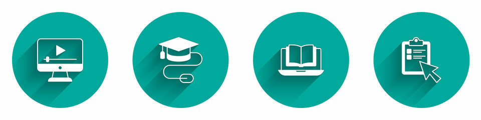 Poster - Set Online play video, Graduation cap with mouse, class and quiz, test, survey icon with long shadow. Vector