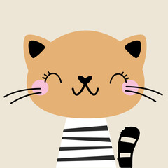 Wall Mural - Stuffed Cat in Striped Vest as Kids Toy Vector Illustration