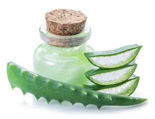 Wall Mural - Aloe gel in the cosmetic jar and fresh aloe leaves on white background.