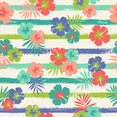 Wall Mural - Hibiscus and palm leaf pattern with brushed stripe background.